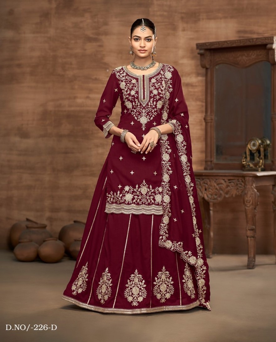 226-Maroon - Maroon Embroidered Traditional Sharara Style Suit.